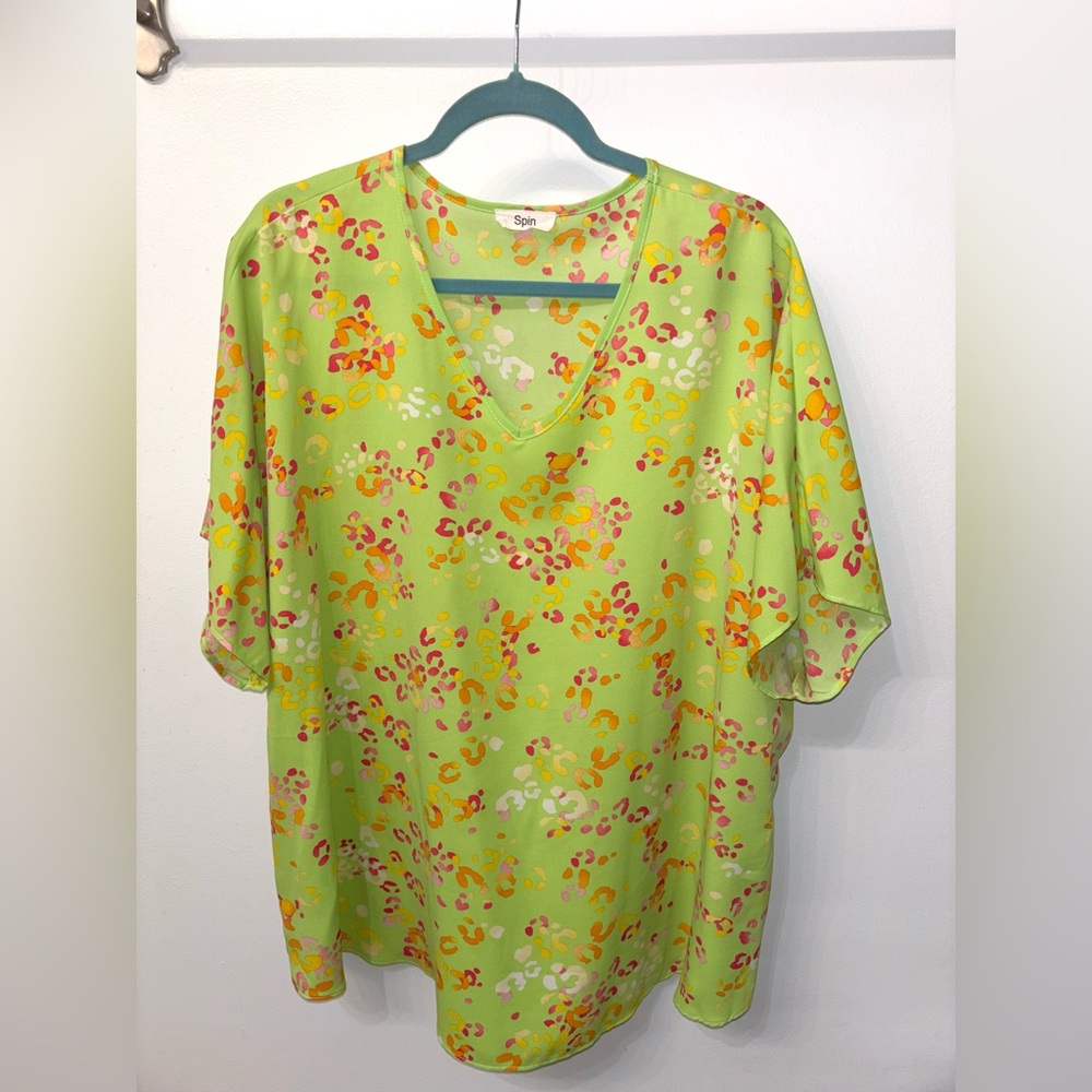 Spin Women's Dolman Style Lime Green Cheetah V-Neck Blouse